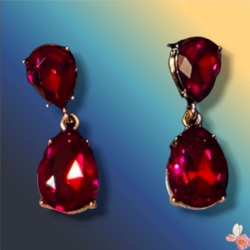 Eisenberg Ice Ruby Red Pear-Cut Drop Earrings – Post Gold Tone – 169